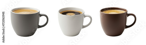 Cup of coffee in gray, white, and brown mugs on white background, isolated, transparent background, no background  