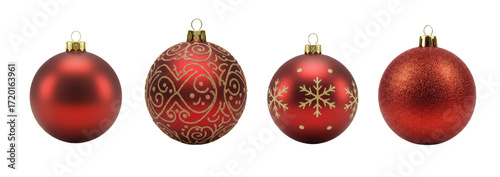 Red Christmas baubles in various designs, isolated, transparent background  