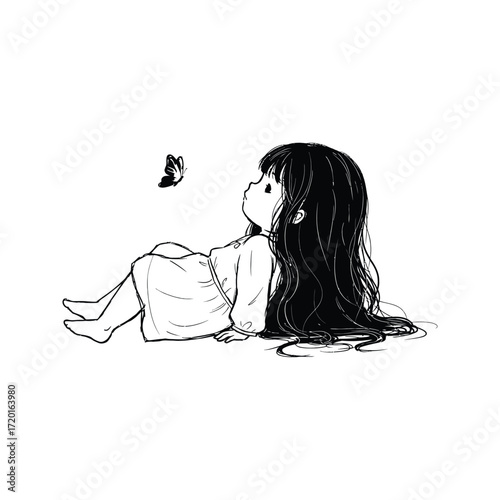Cute Anime Girl with Long Hair Lying Down Watching Butterfly Black and White Illustration