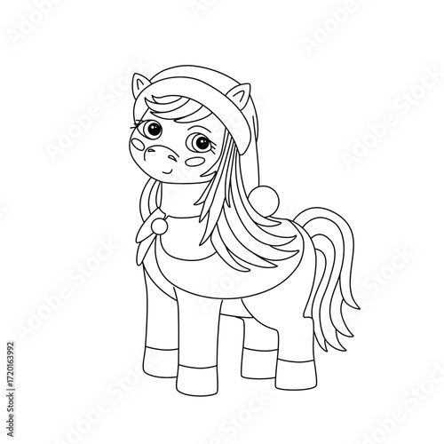 Cute pony horse in Christmas clothes. Kids simple coloring book. Vector illustration with black outline.
