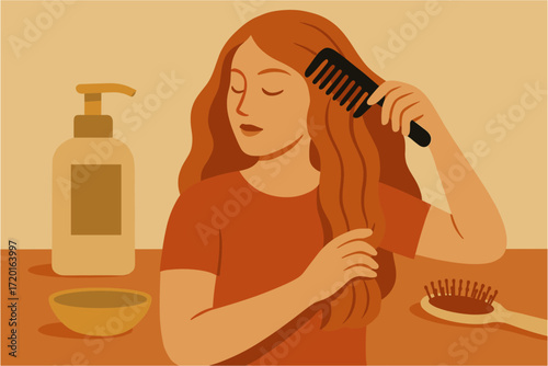 Woman brushing hair in minimalist style with hair care products in warm tones