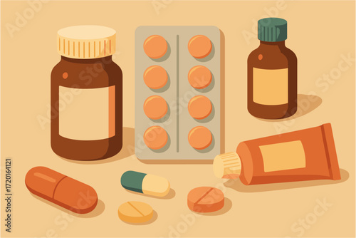 Flat design of pharmaceutical products: pills, bottles, and tubes on a beige background