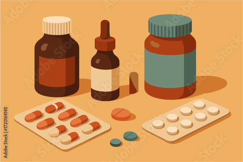 Assorted medicine bottles and tablets in retro isometric style