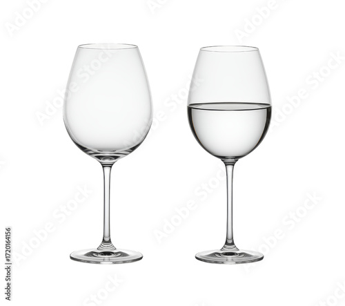 Two elegant wine glasses, one empty and one filled with water, isolated, transparent background, no background  