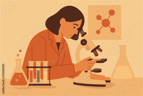 Scientist observing through microscope in laboratory setting with warm tones