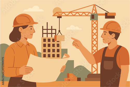 Construction workers collaborating at building site with crane and blueprints