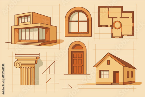 Architectural blueprint elements with modern house and geometric designs