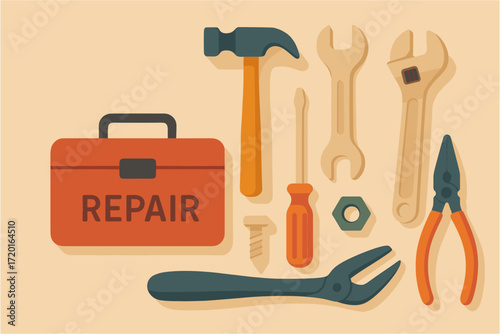 Toolbox essentials: flat design of repair tools on beige background