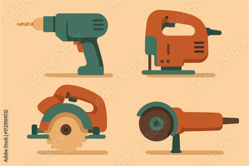 Colorful flat style power tools: drill, jigsaw, circular saw, angle grinder
