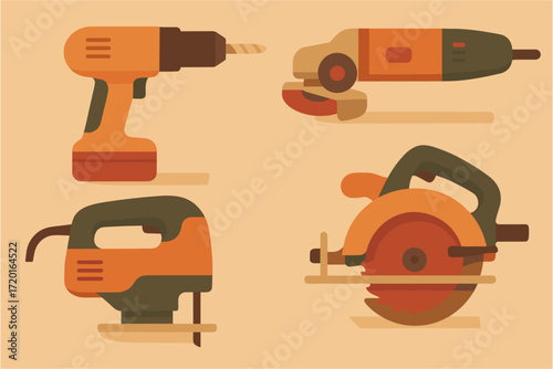 Flat style power tools set: drill, grinder, jigsaw, circular saw