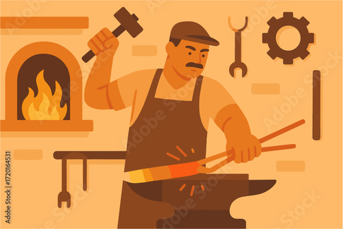Flat design blacksmith working in forge with hammer and anvil