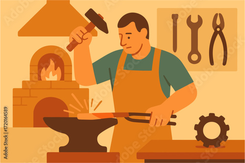 Flat design blacksmith working in forge with anvil and tools in workshop scene