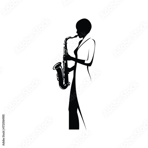 Elegant Black and White Silhouette of a Woman Playing Saxophone