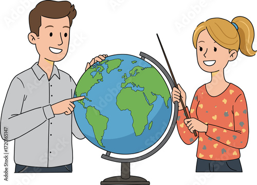 Geography education, globe teaching, teacher pointing, student interaction, global learning, classroom activity, map study, teamwork, academic engagement, multicultural setting