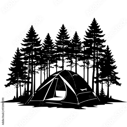 Camping tent in forest vector graphic for outdoor adventure and nature trip silhouette