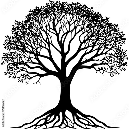 Tree of life vector silhouette illustration with roots and branches art