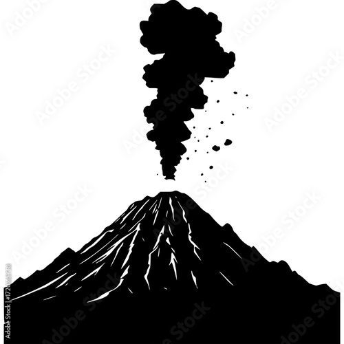 Volcano eruption vector illustration geological disaster mountain smoke ash silhouette