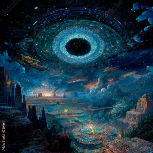 A mystical hadron collider on a massive scale, futuristic particle accelerator in the sky with mountainous surroundings.