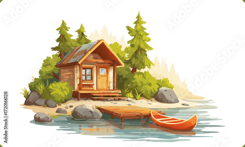 Vector illustration of a small wooden cabin by the lake with canoe and pine trees, isolated on a white background
