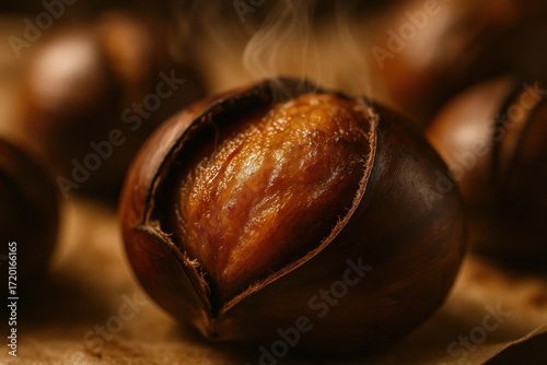 Hot roasted chestnut with steam rising, close-up food photography in warm autumn light