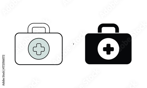 Minimalist black and white medical kit vector icons with first aid box, cross symbol and healthcare design