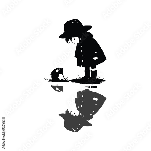 Silhouette illustration of a child in a raincoat looking at a small creature reflected in a puddle