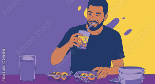 Man enjoying a healthy meal and a refreshing drink at home
