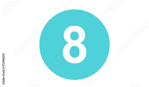 A round blue button icon featuring the number 8 and a 3d illustration of the number 8 as spheres for a web design concept