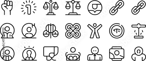 Political Extremism, Civil Unrest line icon set. Vector pictograms of protest, rebellion, societal conflicts, propaganda, Molotov cocktail, political prisoner thin linear illustration
