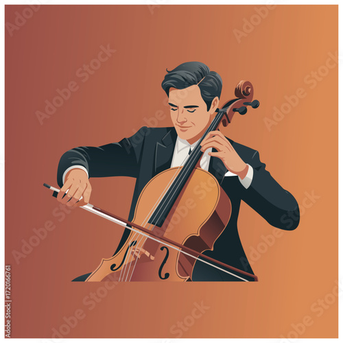 A flat vector illustration depicting a male cellist passionately performing classical music