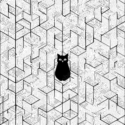 Black cat illustration on geometric background art print home decor wall art cat lover gift modern art abstract design