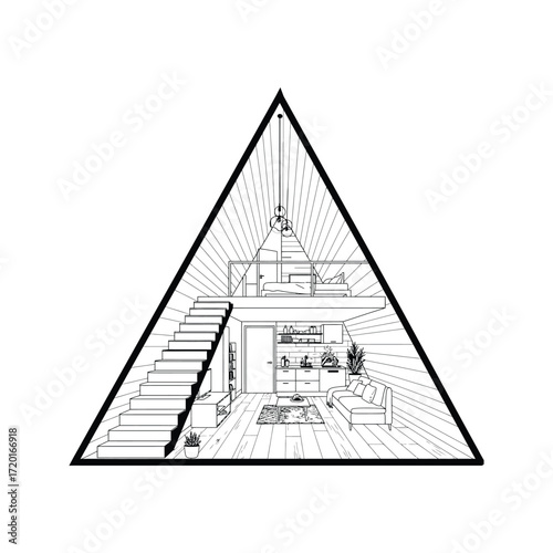 Triangular AFrame Tiny House Interior Design Loft Bedroom Kitchen Living Room