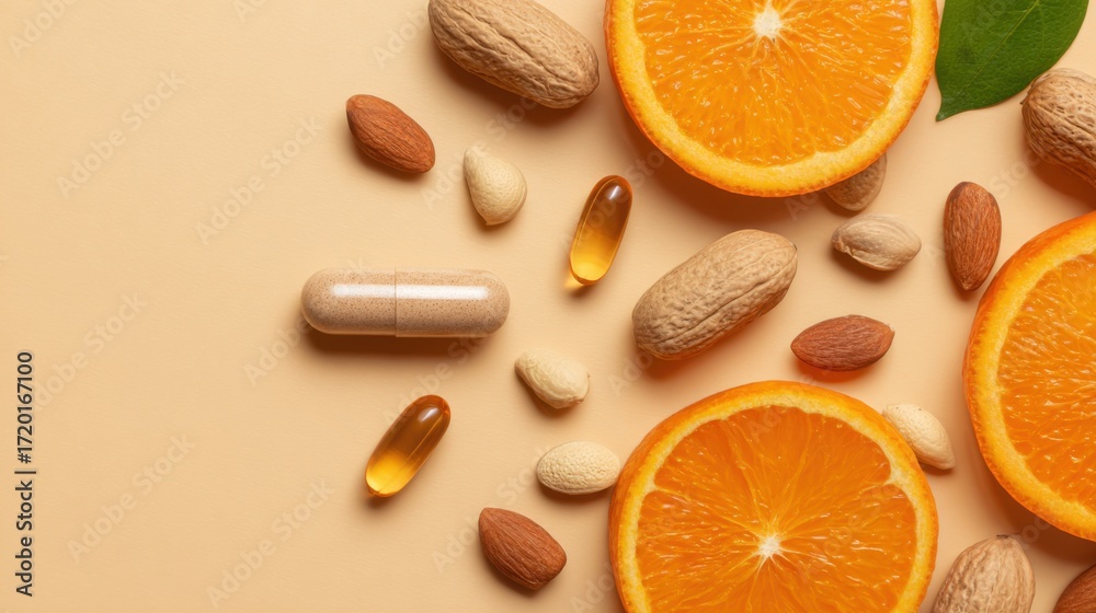 Fototapeta premium Various nuts, seeds, and vitamin capsules are placed alongside bright orange slices on a soft beige surface, promoting health and wellness through nutrition.