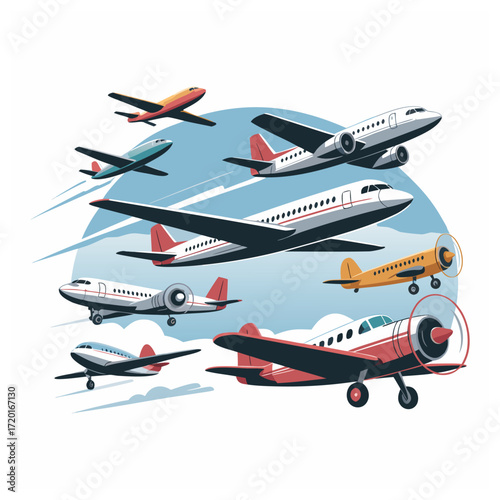 A flat vector illustration of a collection of airplanes