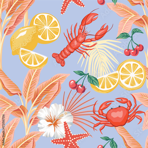 Lobster, crab, starfish, hibiscus flower, lemon, cherry fruit, tropical palm leaves, banana tree seamless pattern. Summer floral print.