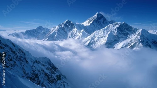 Mount everest summit rising above moving clouds