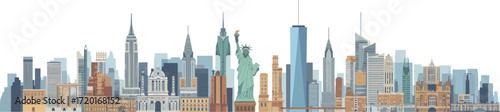 New York skyline illustration, Statue of Liberty, Empire State Building, cityscape art, urban architecture, travel destination, iconic landmarks, USA, modern, vibrant
