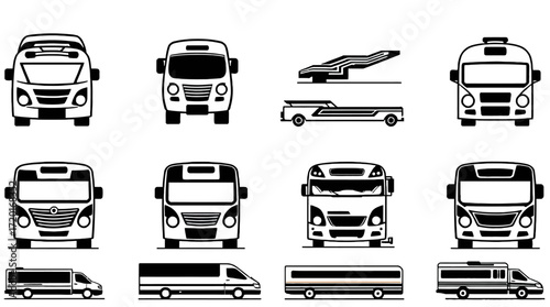 Various bus and van silhouettes, front and side views, in a grid layout.