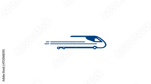 A stylized blue train icon speeding across a white background.