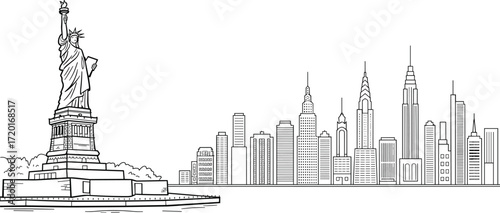 Statue of Liberty, New York skyline, cityscape illustration, iconic landmarks, black and white drawing, architecture, travel, USA, tourism, urban scene