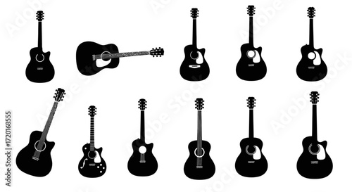 A collection of twelve diverse acoustic guitar silhouettes, showcasing various body shapes and styles.