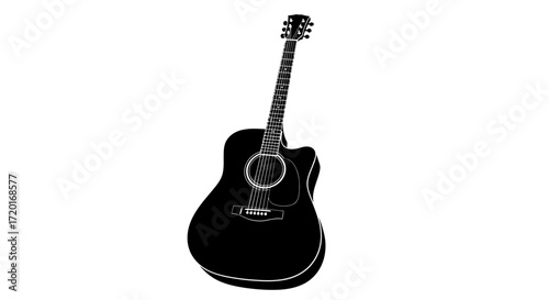 A sleek, black acoustic guitar, elegantly positioned against a stark white background.