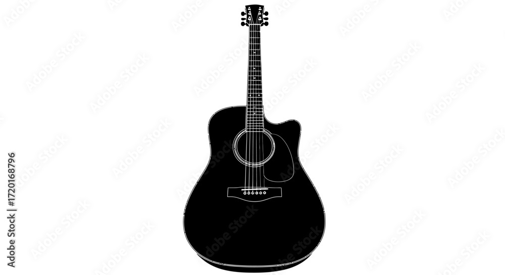Naklejka premium Black acoustic guitar with a cutaway, strings, and tuning pegs, presented against a white background.