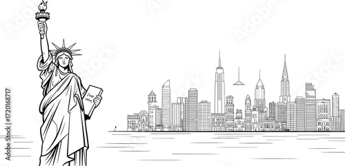 Statue of Liberty, New York skyline, black and white illustration, iconic landmarks, urban architecture, USA, tourism, cityscape, freedom, heritage