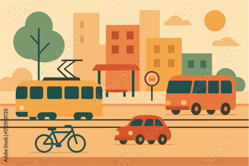 Retro urban scene with buses, trams, cars and bicycle in flat style
