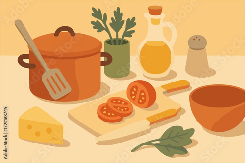 Cozy kitchen cooking scene with fresh ingredients and utensils