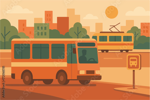 Urban public transport in flat design: city bus and tram at sunset
