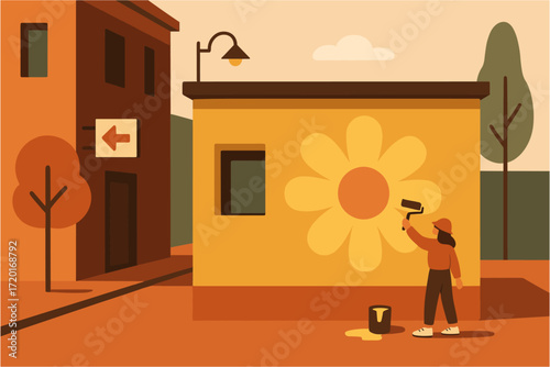 Retro urban art scene with flower mural in warm autumn tones