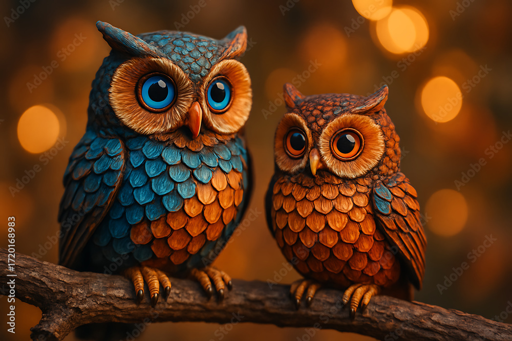 Obraz premium Pair of colorful owls with detailed feathers and large expressive eyes perched on a branch with warm glowing background illustration