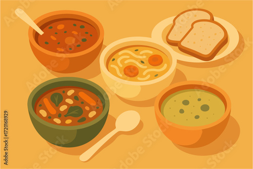 Delicious assorted soups and bread in warm tones